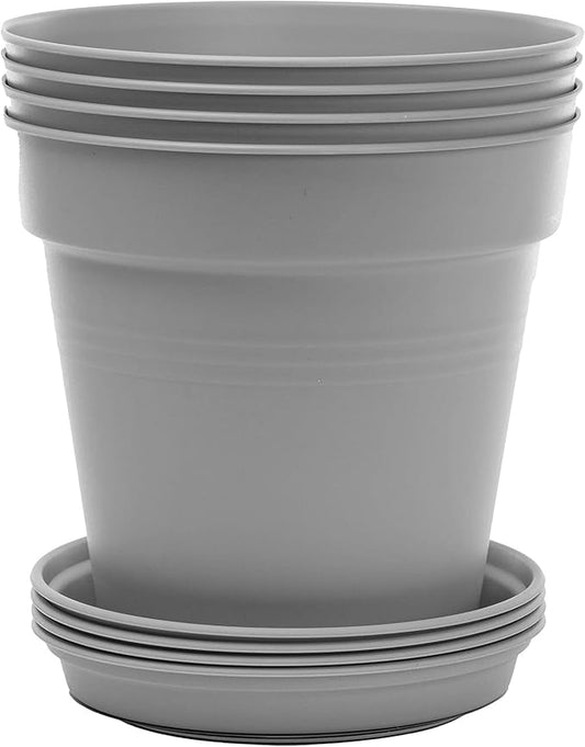 Mintra Garden Pots, 4 Pack Bulk Plastic Plant Pots with Drainage Tray, Round Indoor & Outdoor Decorative Planters with Drain Holes for Flowers, Herbs & Plants, 15cm Diameter – Grey, 5.9 in