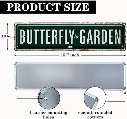 Garden Metal Tin Sign, Vintage Farmhouse Decor, Butterfly Garden Wall Art, for Yard Fence Door Porch, Rustic Indoor Outdoor Gardens Decoration, 15.7 x 3.9 Inches