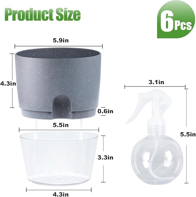 Oliz 6" Self Watering Pots for Indoor Plants, 6pk Grey w/Drainage Saucers | w/ 1 Free Spray Bottle, Plastic Planters for Arican Voilet, Flower Pots for All House Plants