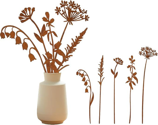 Metal Flowers for Outside, Garden Stakes Decorative, Decorative Plant Stakes with Easy Install Rusted Iron Floral Stakes for Patio, Yard, Outdoor Decor(Flower)