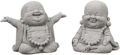2Pack Buddha Sandstone Statues Zen Monk Buddha Statue Zen Garden Decor Zen Monk Praying Statue Sculptures Ornament for Wealth Good Luck Feng Shui Decor(Laughing Buddha)