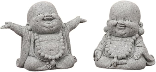 2Pack Buddha Sandstone Statues Zen Monk Buddha Statue Zen Garden Decor Zen Monk Praying Statue Sculptures Ornament for Wealth Good Luck Feng Shui Decor(Laughing Buddha)