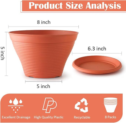 RooTrimmer 8 Pack 8 Inch Plant Pots with Saucers, Plastic Flower Pots with Drainage Holes, Large Planters for Indoor Outdoor Garden, House Plants, Flowers, Herbs, Gardening Gifts, Pottery Red