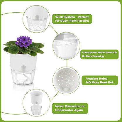 Planterhoma 8 Pack Self Watering Pots for Indoor Plants, 6 Inch Plant Pot Plastic Self Watering Planter for Orchid, African Violet, Small Clear Flower Pots with Drainage Holes and Wicking Rope, White