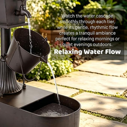 Metal Outdoor Garden Fountain 27" Soothing Water Flow | Rustproof Garden Water Features with Pumb & Debris Filter Screen, Heavy Duty Birdhouse Waterfall for Outside Patio Yard Porch