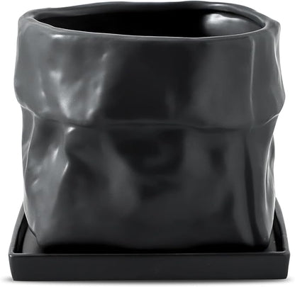Nihow 8 Inch Ceramic Plant Pot with Drainage & Square Saucer,Black | Bag Shape Design,Indoor & Outdoor,Living room/Office/Bedroom/Windowsill/Tabletop,Plant Lovers/Gardeners/Beginners