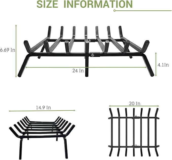 24 Inch Fireplace Grate, 1/2" Solid Steel Fireplace Log Holder, Heavy Duty Firewood Log Burning Rack with 7 Support Bars & 6 Support Legs for Indoor Outdoor Camping