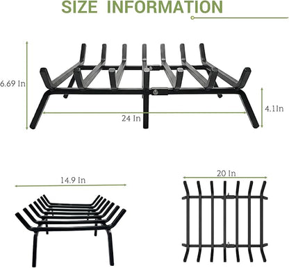 24 Inch Fireplace Grate, 1/2" Solid Steel Fireplace Log Holder, Heavy Duty Firewood Log Burning Rack with 7 Support Bars & 6 Support Legs for Indoor Outdoor Camping