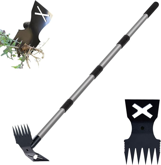 Weed Puller Tool with Long Handle, 60'' Weed Remover Weeding Tool, 2 in 1 Hand Weed Rake and Garden Hoe for Gardening, Uprooting Weeding Tool for Yard, Lawn, Patio, Garden