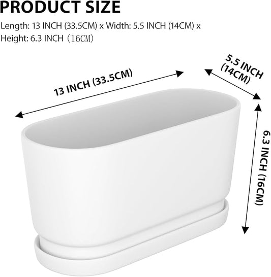 13" Rectangular Ceramic Planter with Drainage and Saucer, White | Indoor Outdoor Use, 13"L x 5.5"W x 6.3"H, Modern Home Decor, Window Box Planter, Matte White