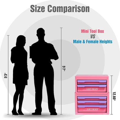 Metal Tool Box with Sliding Drawers, 5-Drawer Desktop Tool Box, Small Steel Tool Chest, Portable Benchtop Toolbox for Jewelry & Office DIY Pink-Purple