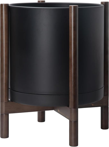 D'vine Dev Plastic Pot with Walnut Wood Stand, Black, 16 in, 55-C-X-2 | Mid-Century Inspired Design, Elevated Plant Display, Clean Lines, Sturdy Support, Modern Space-Saving Style