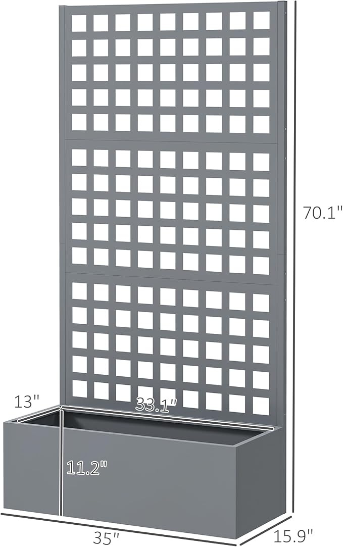 Outsunny Galvanized Raised Garden Bed with Trellis, Metal Planter Box with Drainage Holes, Outdoor Privacy Screen for Climbing Plants, Vegetable, Vines, 35" x 16" x 70", 2 Pack, Gray Wood Effect