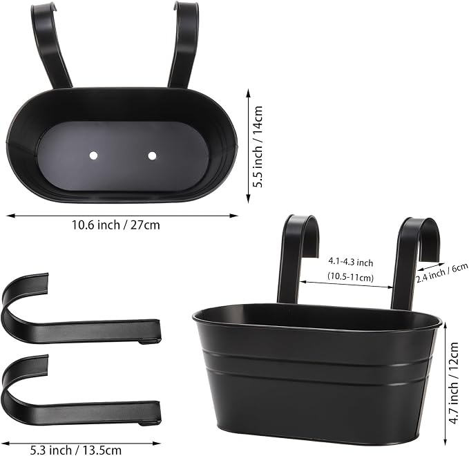 Foraineam 6 Pack Hanging Flower Pots, Metal Iron Hanging Planter Plant Pot Holders for Railing Fence Balcony, Black Hanging Bucket Pots Outdoor Porch Decors with Detachable Hooks and Drain Holes