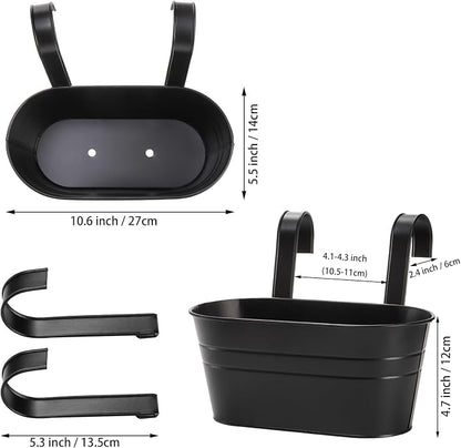 Foraineam 6 Pack Hanging Flower Pots, Metal Iron Hanging Planter Plant Pot Holders for Railing Fence Balcony, Black Hanging Bucket Pots Outdoor Porch Decors with Detachable Hooks and Drain Holes