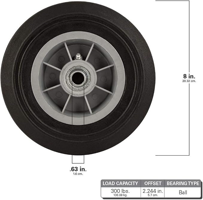 Titan 8 Inch Overall Diameter Flat Proof Replacement Wheel 300 lb Load Capacity, Gray/Black