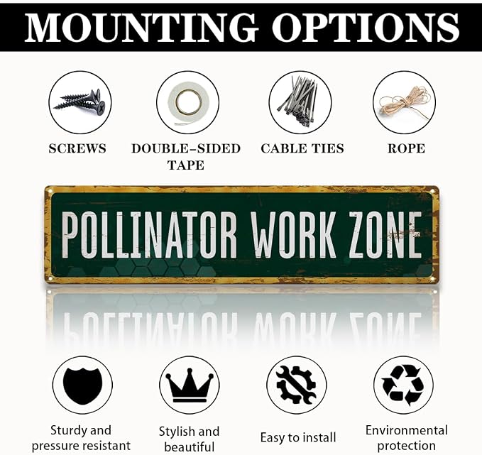Garden Metal Tin Sign, Pollinator Work Zone Sign, Rustic Garden Outdoor Wall Decor, for Porch Patio Yard Fence, Vintage Farmhouse, for Nature Lovers, 15.7 x 3.9 Inches