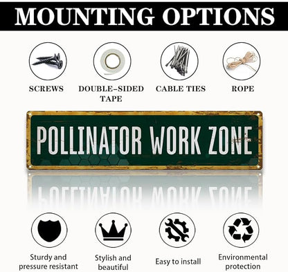 Garden Metal Tin Sign, Pollinator Work Zone Sign, Rustic Garden Outdoor Wall Decor, for Porch Patio Yard Fence, Vintage Farmhouse, for Nature Lovers, 15.7 x 3.9 Inches