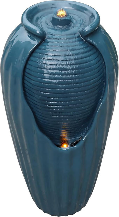 Teamson Home 32 in. Outdoor Contemporary Glazed Contoured Vase Water Fountain with LED Lights to Create a Calming Oasis in Gardens and Landscaping, on Patios, Balconies, Lawns, Teal Blue | Freestanding Floor Feature, Built-In LED Light, Glossy Teal Blu...
