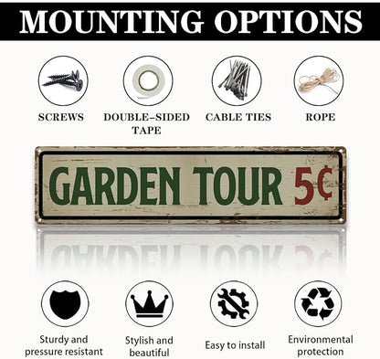 Garden Metal Tin Sign, Vintage Farmhouse Decor, Garden Tour 5 Cents Sign, Gardening Wall Art, for Yard Fence Door Porch, Funny Indoor Outdoor Decoration, 15.7 x 3.9 Inches