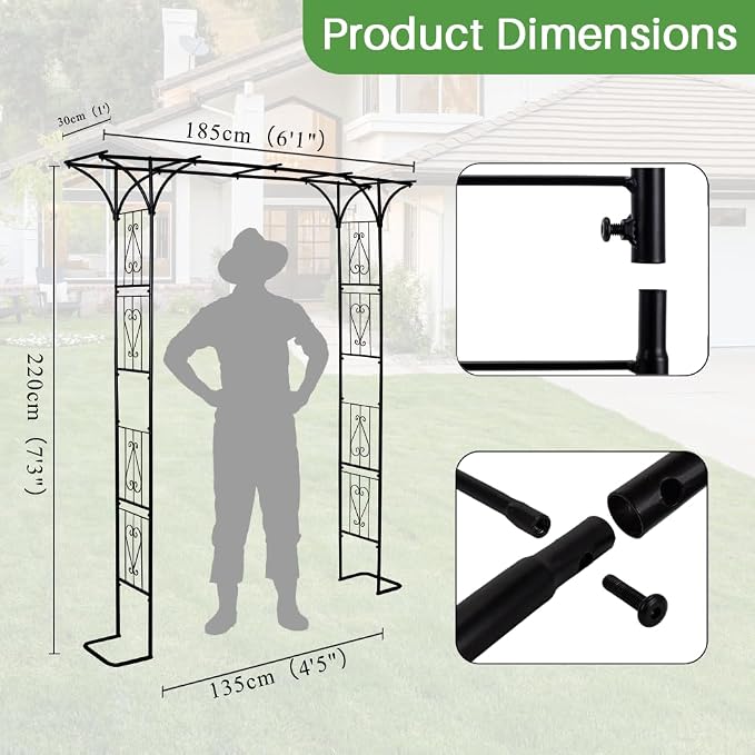 86" Garden Arbor Metal Arch Trellis for Climbing Plants with Standing Base | Outdoor Arbors Archway Pergola for Wedding Ceremony Party Decoration Flat Top Trellises for Rose Vine Backyard Lawn Patio