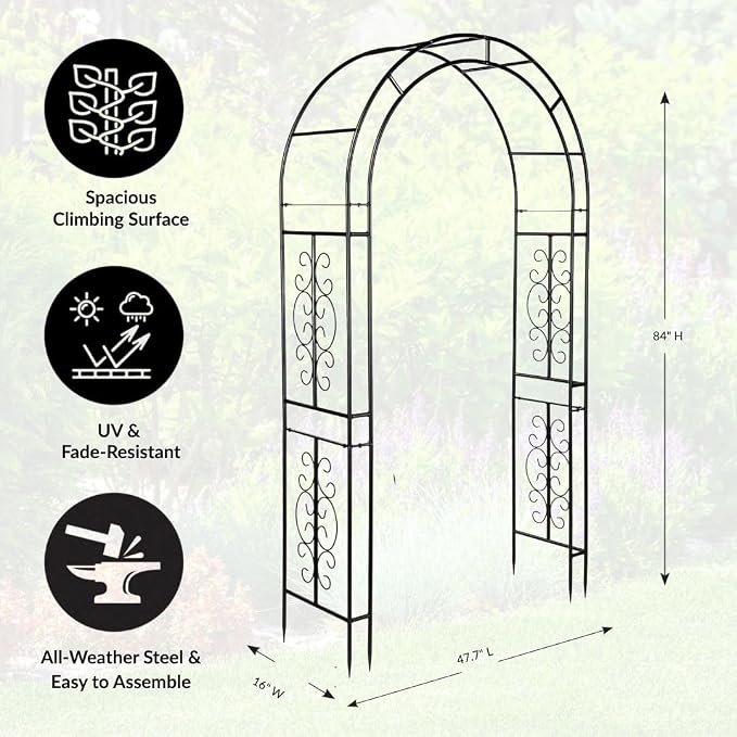 Plow & Hearth Arch Metal Outdoor Garden Arbor 7 Feet Tall Black Iron Trellis for Climbing Plants Outdoor, Wedding Party Arch, Outdoor Patio Decor