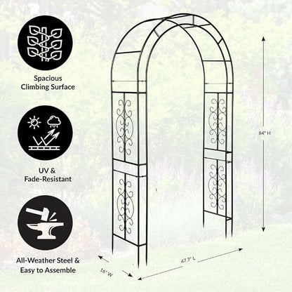 Plow & Hearth Arch Metal Outdoor Garden Arbor 7 Feet Tall Black Iron Trellis for Climbing Plants Outdoor, Wedding Party Arch, Outdoor Patio Decor