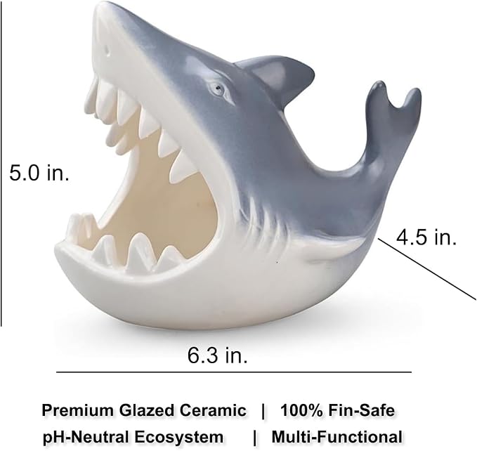 Ceramic Shark Aquarium Decorations - Large Fish Tank Cave & Betta Hideout, Bio-Filter Shark Candy Bowl, Key Holder for Entryway Table, pH-Neutral Marine Fish Tank Accessories Ornament