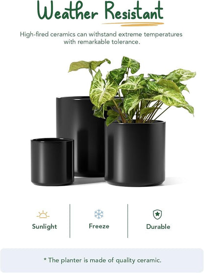 LE TAUCI 10+8+6 Inch Ceramic Pots for Plants, Indoor Planters with Drainage Hole and Plug, Modern Cylinder Flower Pots Set of 3 for Office and Living Room, Satin, Black
