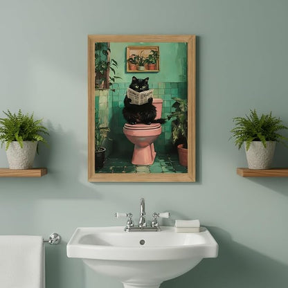 Funny Bathroom Wall Art Black Cat bathroom decor, funny Cat Bathroom Decor Canvas Print, funny Animal bathroom Wall Decor Framed Artwork for Bathroom Home 16x12 Inch