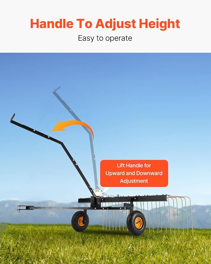 VEVOR Tow Behind Dethatcher, 60-inch Lawn Dethatcher Rake with 24 Steel Tines for ATV or Mower, Heavy Duty Q235 Steel Tow Behind Lawn Rake with Lift Handle for Farm Leaves, Pine Needles, and Grass