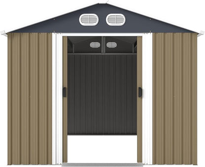 YOPTO 8x12 FT Outdoor Storage Shed, Metal Garden Shed with Window, Lockable Door & Sloped Roof, Large Waterproof Utility Tool Shed for Backyard, Garden, Patio, Lawn, Brown