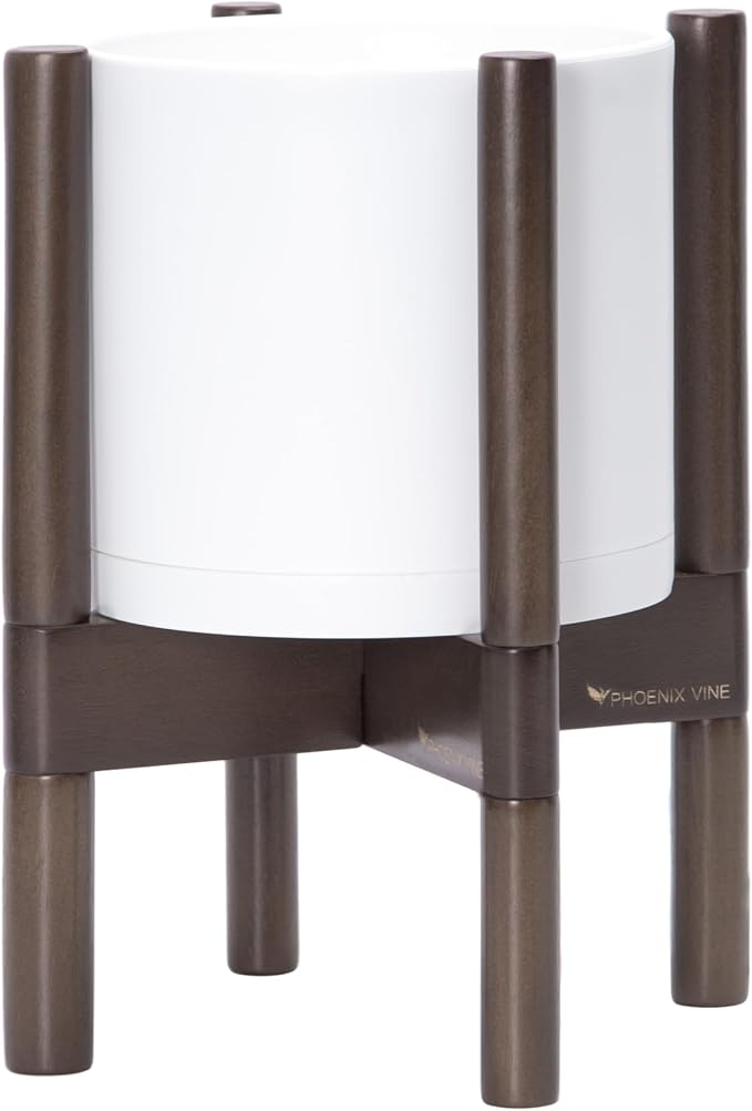 D'vine Dev Plastic Pot with Walnut Wood Stand, White, 8 in, 55-C-I-1 | Mid-Century Inspired Design, Elevated Plant Display, Clean Lines, Sturdy Support, Modern Space-Saving Style