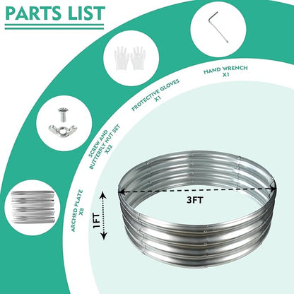 12 Inch Tall 36 Inch Diameter Round Silver Raised Garden Bed Kits Outdoor | 1 FT Tall,3 FT Planter Bed for Flowers,Herbs,Vegetables,Trees,0.8MM Thick Galvanized Metal,with Gloves,Tool free