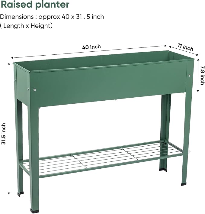 Raised Garden Bed, Elevated Green Metal Plant Box with Legs, Standing Garden Stand with Drainage Holes (40" L x 11" W x 31" H)