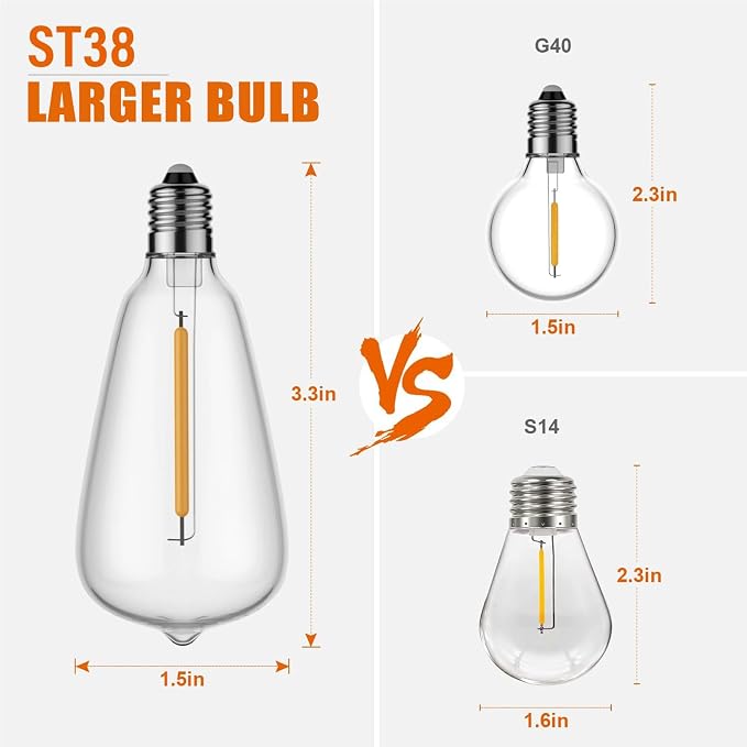 10FT Outdoor String Lights - LED Waterproof Patio Lights with Shatterproof ST38 Edison Plastic Bulb, Connectable Hanging Lighting for Outside Indoor Backyard Yard Gazebo Porch Party Decor - SOLROS
