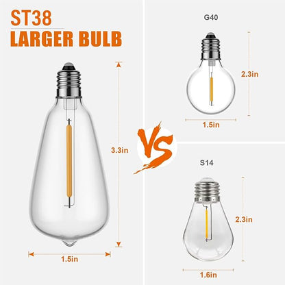 10FT Outdoor String Lights - LED Waterproof Patio Lights with Shatterproof ST38 Edison Plastic Bulb, Connectable Hanging Lighting for Outside Indoor Backyard Yard Gazebo Porch Party Decor - SOLROS