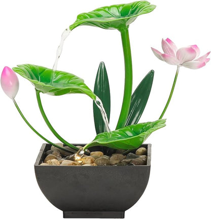 Water Fountain Indoor Waterfall Fountain 3-Tier Tabletop Fountain Lotus Desk Relaxation Home Decor Including Lots of Rocks and Soothing Sound Machine (Green 1)