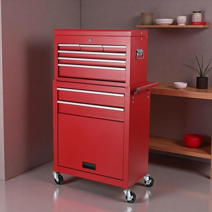 Tool Chest, 8-Drawers Rolling Tool Storage Cabinet with 2-in-1 Detachable Tool Box, Liner, Lockable Wheels, Side Hooks, Multifunctional Metal Tool Cart for Garage Warehouse, Red