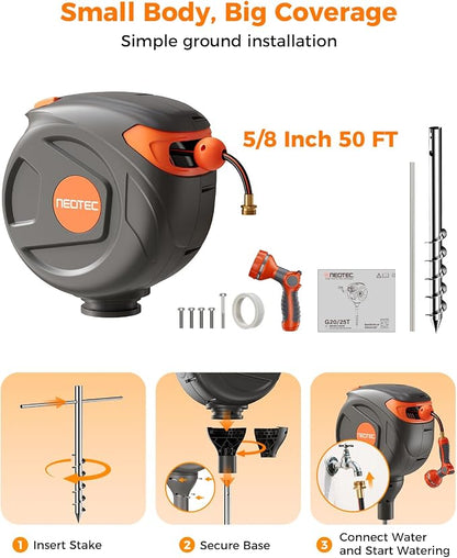 NEO-TEC No-Drill Ground-Mounted Retractable Garden Hose Reel 82 ft x 1/2 Inch, Freestanding 360° Swivel Water Hose with Any-Length Lock & Slow Return for Large Yard & Lawn
