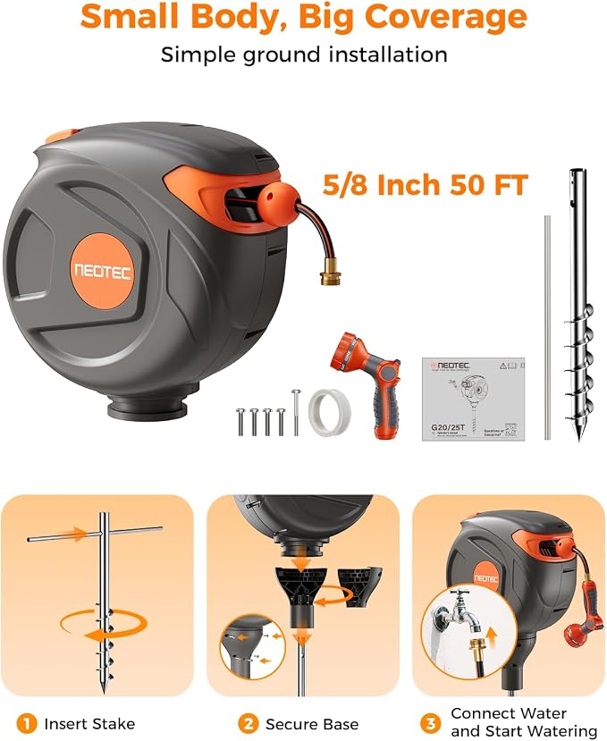 Ground Mounted Retractable Garden Hose Reel 50 ft x 5/8 Inch, No-Drill Setup Water Hose Reel with 360° Swivel, Any-Length Lock and Slow Return for Yard & Patio