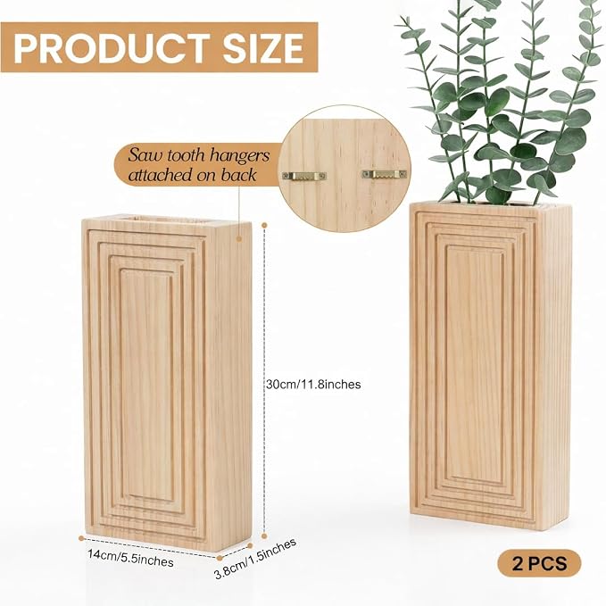 Wooden Wall Planter Vase,2 Pack Natural Wood Hanging Planter for Indoor Fake Plants Modern Boho Farmhouse Wall Art Decor for Home Kitchen Modern Farmhouse Bathroom Living Room Dining Room