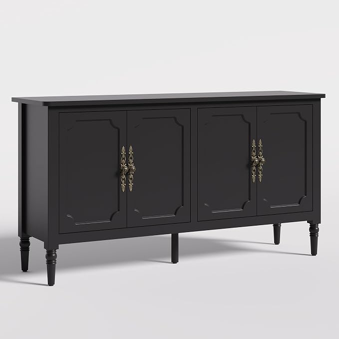RoyalCraft Sideboard Buffet Cabinet with Storage, 59" Mid Century Modern Credenza with 4 Doors, Coffee Bar Wine Bar Storage Cabinet with Artistic Carved Handle for Living Room, Dining Room, Black