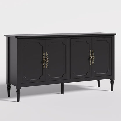 RoyalCraft Sideboard Buffet Cabinet with Storage, 59" Mid Century Modern Credenza with 4 Doors, Coffee Bar Wine Bar Storage Cabinet with Artistic Carved Handle for Living Room, Dining Room, Black