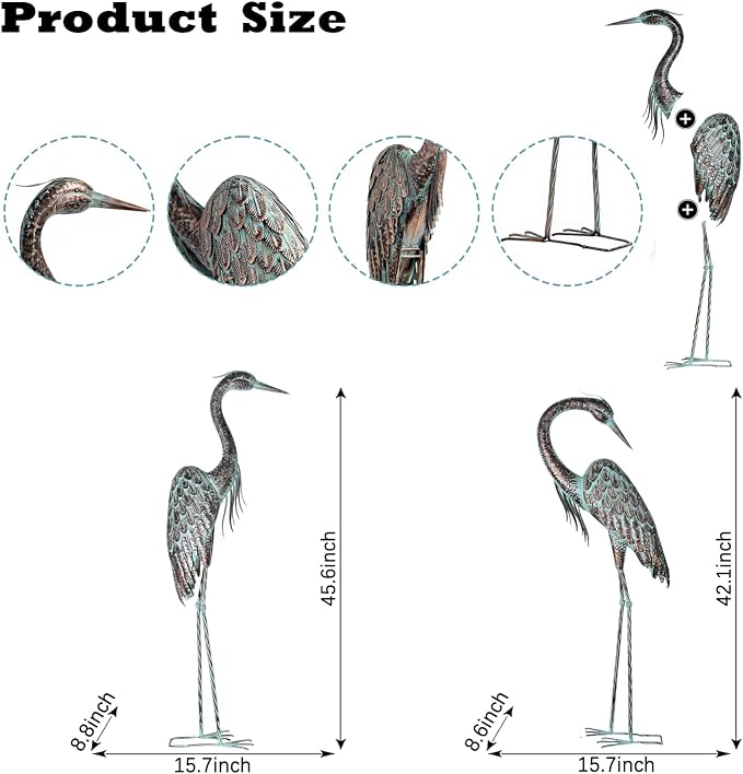Kircust Garden Crane Statues, Standing Metal Patina Heron Decoy Weather-Resistant and Rustless Outdoor Statue, 42-46 Inch Bird Yard Art for Patio Lawn Pond, Set of 2