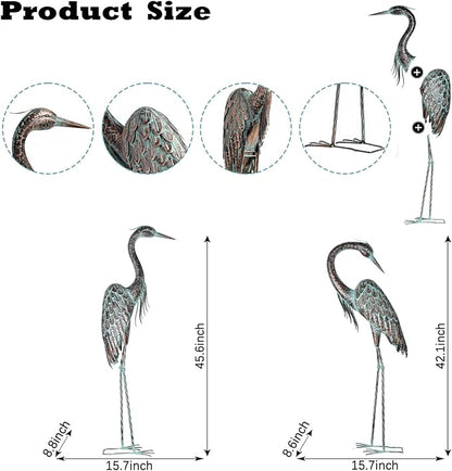 Kircust Garden Crane Statues, Standing Metal Patina Heron Decoy Weather-Resistant and Rustless Outdoor Statue, 42-46 Inch Bird Yard Art for Patio Lawn Pond, Set of 2