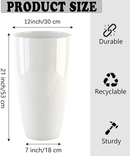 Sun-E Tall Planters for Outdoor Indoor Plants 2 Pack, 21-Inch Large Glossy White Planter, High Gloss Glazed Ceramic-Look Tall Pure White Flower Pots for Bright Entryway Modern Decor