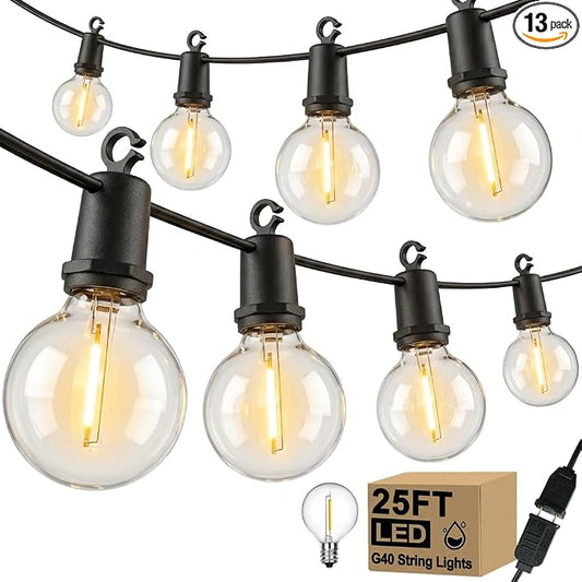 LED Outdoor String Lights, 25FT G40 IP65 Waterproof Patio Lights | 12+1 Shatterproof Bulbs, UL Certified, Plug-In, Connectable, Hanging Light for Backyard Porch Home Decor, Warm White