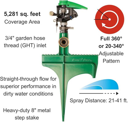 Rain Bird P5RLSP Plastic Impact Hose-End Lawn and Garden Sprinkler on Large Metal Spike, Adjustable 20° - 360° Pattern, 25' - 41' Spray Distance