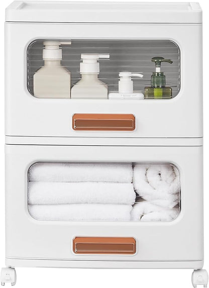 VECELO Plastic Storage Cabinet with Drawers, Stackable Storage Bins with Wheels, Waterproof Bathroom Storage Organizer, Multi-Tier Storage Drawers for Bedroom, Living Room, Kitchen, Medium 2-Tier